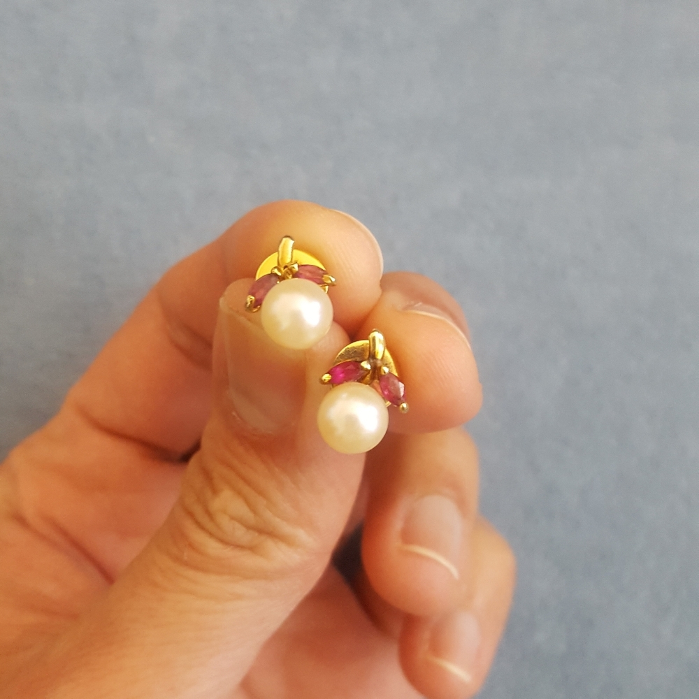 14k gold natural ruby and pearl earrings